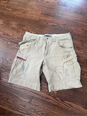 Vintage Polo Ralph Lauren Khaki Africa Print Cargo Pckt Safari Shorts 36